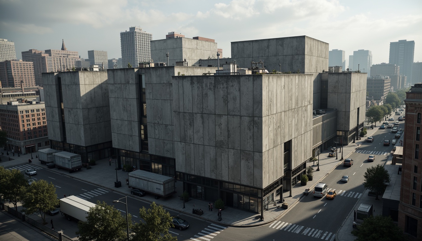 Prompt: Massive distribution center, brutalist architecture, rugged concrete walls, fortress-like structures, angular forms, geometric patterns, industrial materials, exposed ductwork, metallic beams, raw textures, urban landscape, busy streets, cityscape backdrop, dramatic lighting, high contrast shadows, cinematic composition, 1/2 framing, atmospheric fog, realistic rendering.