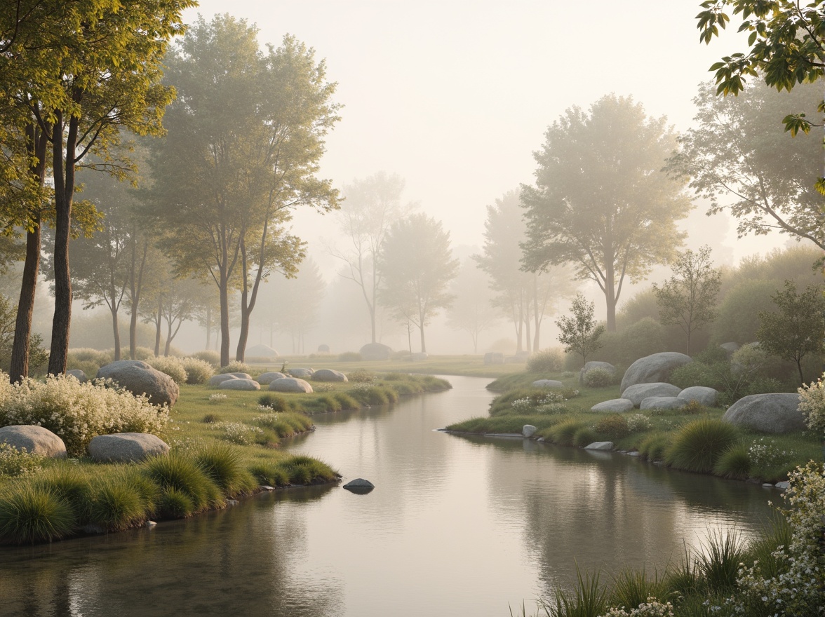 Prompt: Soft pastel hues, calming atmosphere, serene natural surroundings, gentle water features, lush greenery, blooming flowers, warm beige tones, creamy whites, pale blues, misty mornings, soft diffused lighting, 3/4 composition, shallow depth of field, realistic textures, ambient occlusion.