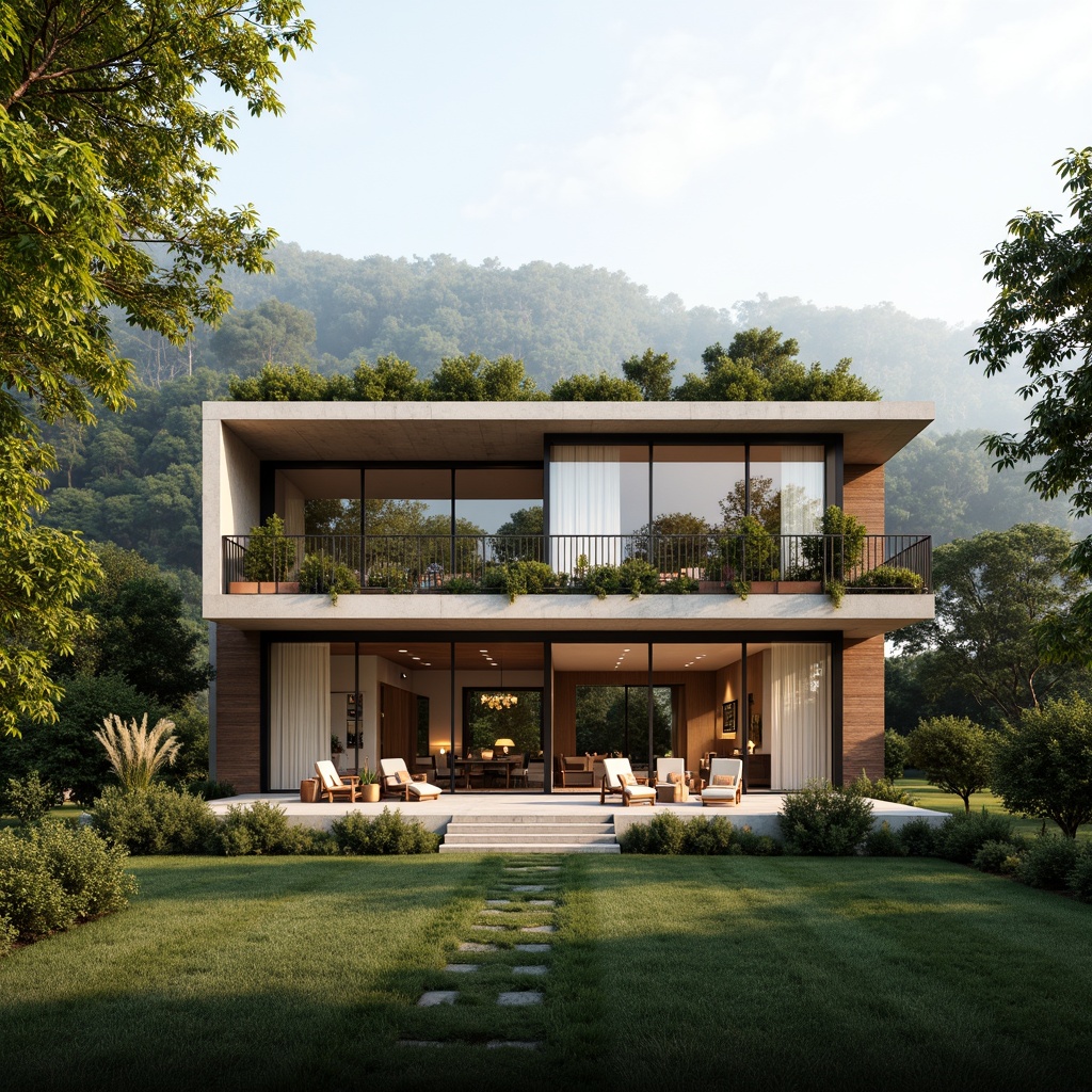 Prompt: South-facing building facade, abundant natural light, passive solar heating, energy-efficient design, modern minimalist architecture, sleek glass windows, cantilevered rooflines, open floor plans, airy interior spaces, warm earthy tones, organic textures, lush green roofs, verdant surroundings, serene forest backdrop, misty morning atmosphere, soft diffused lighting, 1/1 composition, realistic rendering.