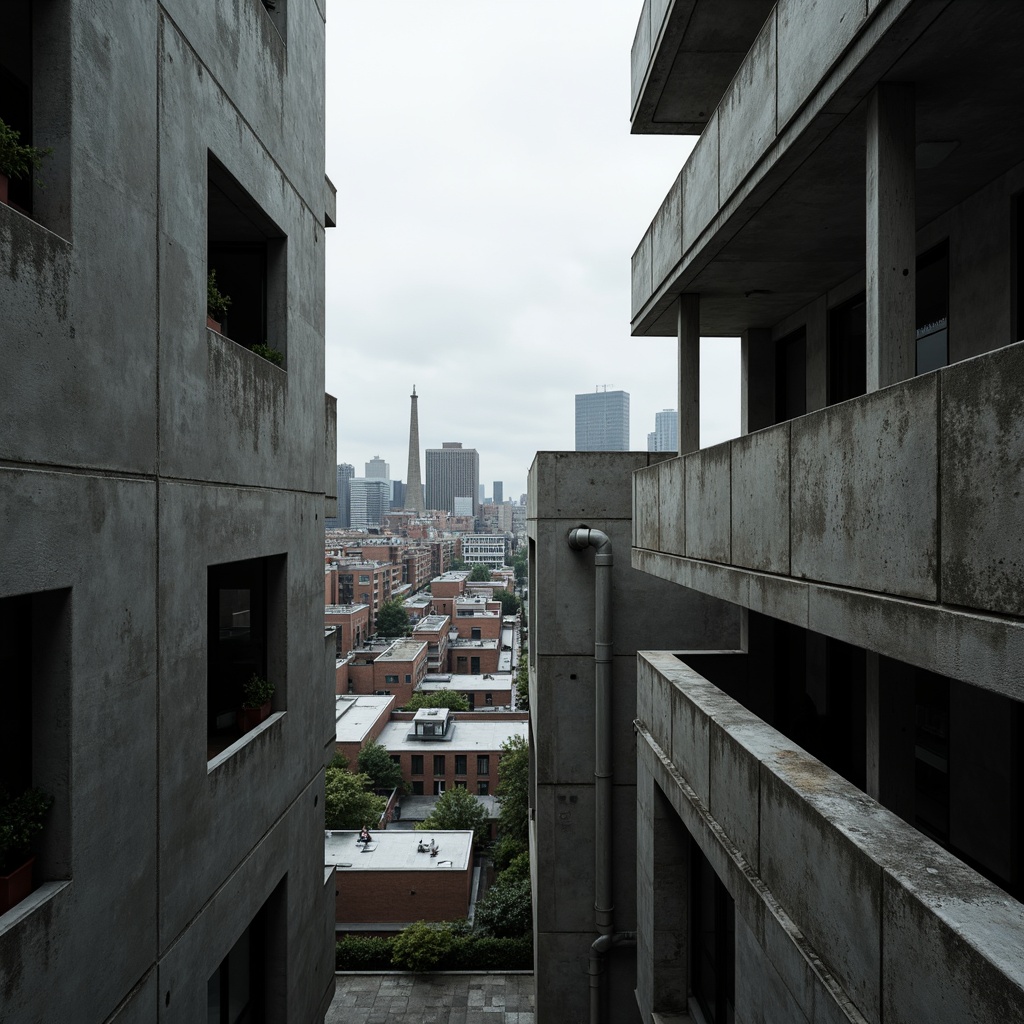 Prompt: Exposed concrete walls, rugged textures, industrial pipes, raw steel beams, minimalist balconies, brutalist architecture, urban cityscape, gloomy overcast sky, dramatic shadows, high-contrast lighting, bold geometric forms, functional simplicity, distressed finishes, poured-in-place concrete, cold monochromatic color palette, 1/1 composition, low-angle shot, cinematic atmosphere, gritty realistic textures.