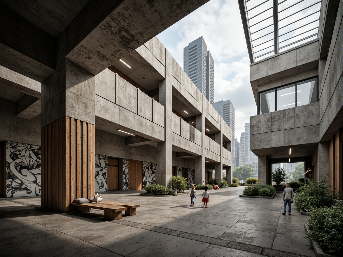 Prompt: Rugged community center, brutalist architecture, raw concrete walls, exposed ductwork, industrial metal beams, natural light pouring in, large skylights, clerestory windows, urban landscape views, gritty cityscape, overcast sky, soft diffused lighting, high contrast shadows, dramatic architectural forms, bold geometric shapes, functional minimalism, communal gathering spaces, reclaimed wood accents, weathered steel features, abstract graffiti art, moody atmospheric tones, cinematic composition, realistic textures, ambient occlusion.