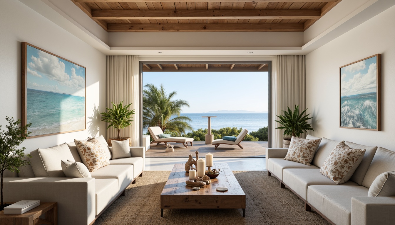 Prompt: Coastal living room, ocean-inspired color palette, driftwood accents, natural textiles, woven sea grass rugs, shell-adorned decorative pieces, floor-to-ceiling windows, sliding glass doors, beachy vibe, soft warm lighting, 1/1 composition, shallow depth of field, realistic wood textures, ambient occlusion, modern minimalist furniture, plush sectional sofas, reclaimed wood coffee tables, nautical-themed artwork, coral-patterned throw pillows, sea salt-scented candles, calming atmosphere.