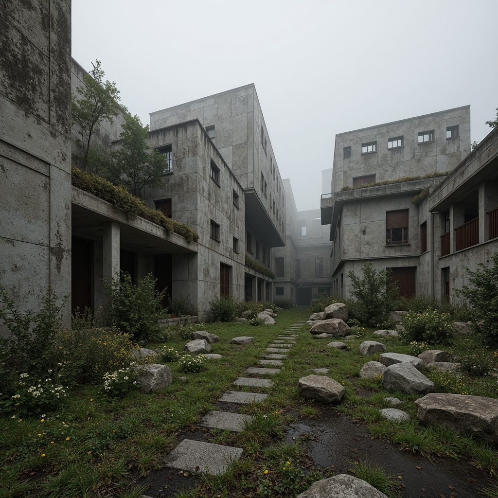 Prompt: Rugged brutalist architecture, raw concrete textures, fortress-like structures, overgrown vegetation, wildflowers, moss-covered walls, industrial landscapes, abandoned factories, rusty machinery, distressed metal accents, urban decay, gritty atmosphere, dramatic lighting, high contrast shadows, cinematic composition, atmospheric fog, misty mornings, eerie silence, desolate surroundings, fragmented rocks, weathered wood, reclaimed materials, post-apocalyptic ambiance.