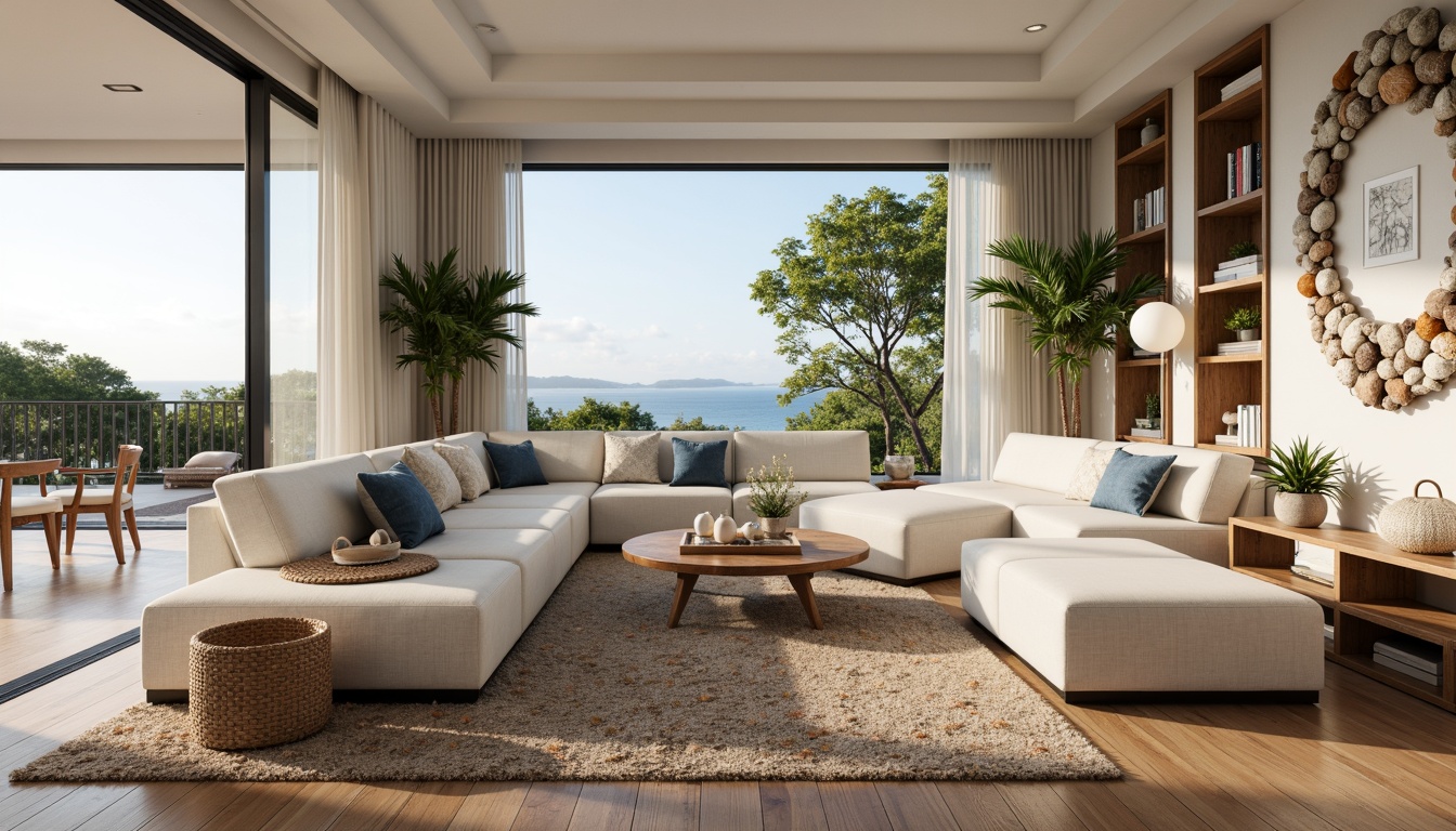 Prompt: Coastal living room, ocean-inspired color palette, driftwood accents, natural textiles, woven sea grass furniture, coral-patterned rugs, shell-adorned decorative walls, floor-to-ceiling windows, sliding glass doors, panoramic ocean views, soft warm lighting, beachy ambiance, minimalist decor, nautical-themed accessories, distressed wood flooring, plush sectional sofas, built-in shelving units, tropical plants, calming atmosphere, 1/1 composition, realistic reflections, ambient occlusion.