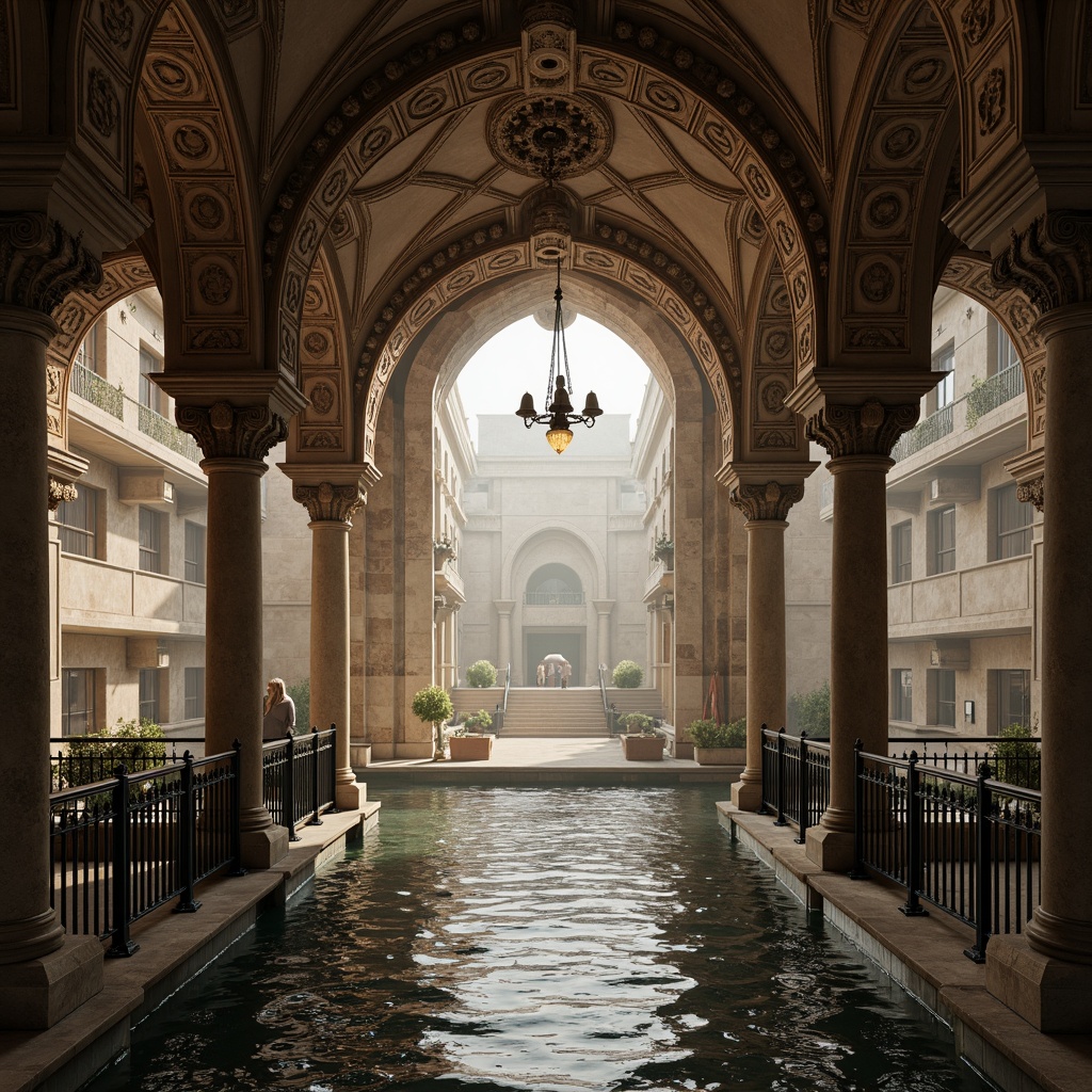 Prompt: Intricate stone carvings, ornate metal railings, grandiose arches, majestic columns, rustic stonework, weathered copper accents, lavish lanterns, dramatic water reflections, misty morning atmosphere, soft warm lighting, shallow depth of field, 1/2 composition, symmetrical framing, realistic textures, ambient occlusion.