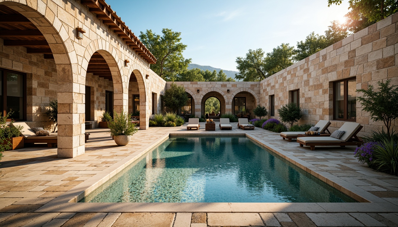 Prompt: Ancient Roman-inspired swimming pool, rustic stone walls, weathered brick flooring, ornate mosaic tiles, arched windows, grandiose columns, natural limestone coping, saltwater-resistant materials, durable ceramic finishes, textured concrete decking, Mediterranean-style landscaping, lush greenery, vibrant flowers, sunny day, warm golden lighting, shallow depth of field, 3/4 composition, panoramic view, realistic textures, ambient occlusion.