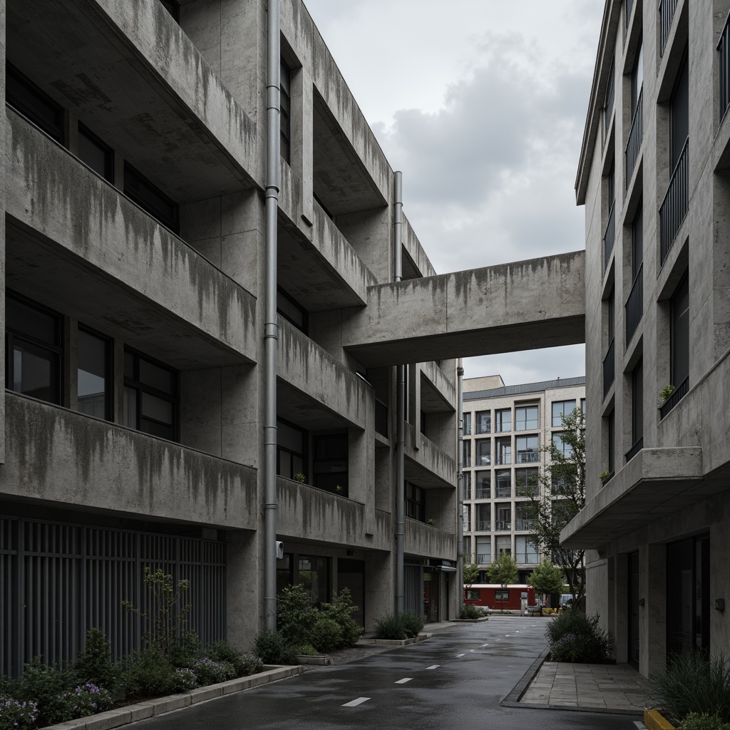 Prompt: Exposed concrete walls, rugged textures, industrial pipes, raw steel beams, minimalist balconies, brutalist architecture, urban cityscape, gloomy overcast sky, dramatic shadows, high-contrast lighting, bold geometric forms, functional simplicity, distressed finishes, poured-in-place concrete, cold monochromatic color palette, 1/1 composition, low-angle shot, cinematic atmosphere, gritty realistic textures.