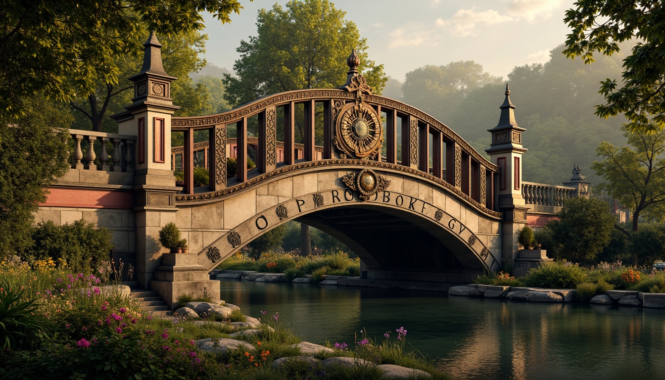 Prompt: Ornate Baroque bridge, rich jewel-toned color palette, warm golden lighting, intricate stone carvings, ornamental metalwork, majestic arches, rustic stonework, moss-covered walls, serene river waters, lush greenery, vibrant flowers, soft misty atmosphere, shallow depth of field, 1/1 composition, realistic textures, ambient occlusion.