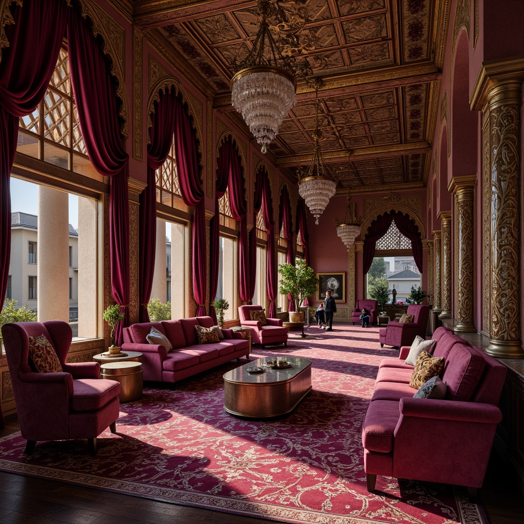 Prompt: Rich plum accents, luxurious velvet textures, ornate golden details, majestic archways, grandiose columns, lavish furnishings, opulent chandeliers, regal atmosphere, sophisticated color scheme, warm ambient lighting, shallow depth of field, 1/2 composition, realistic reflections, intricate patterns, Moorish-inspired architecture, exotic cultural influences, vibrant jewel-toned hues.