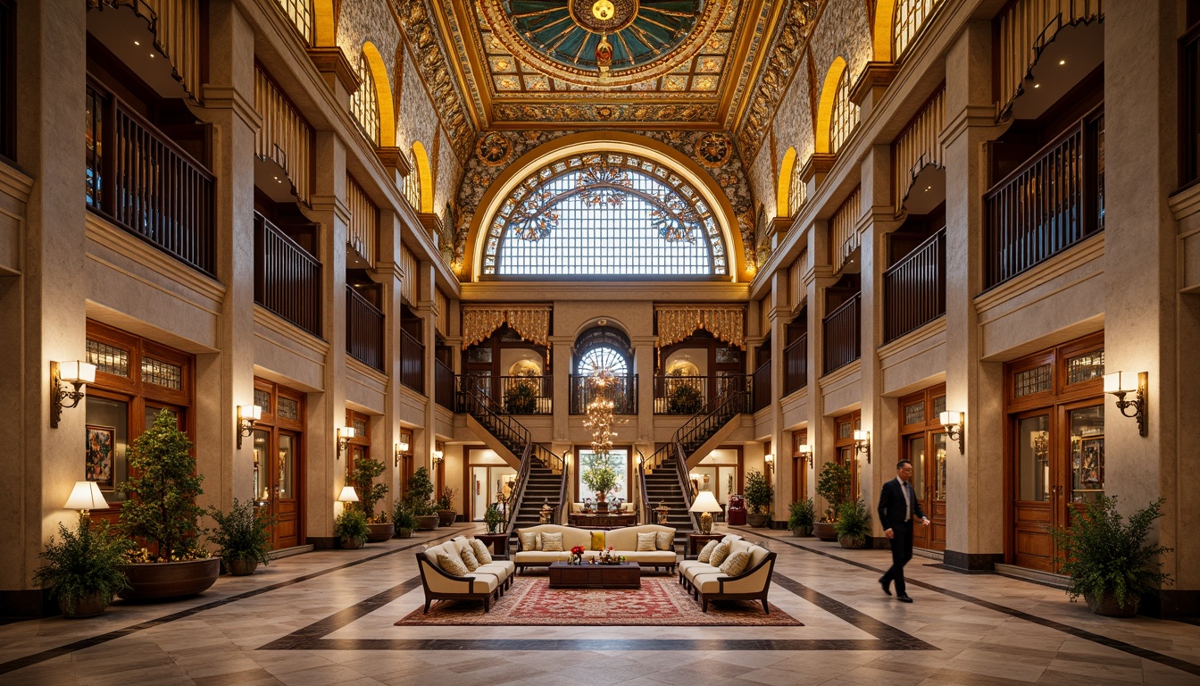 Prompt: Intricate mosaics, golden domes, ornate archways, lavish furnishings, rich tapestries, grand chandeliers, marble floors, intricate carvings, ornamental columns, luxurious textiles, vibrant jewel tones, warm ambient lighting, shallow depth of field, 1/2 composition, symmetrical framing, realistic reflections, ambient occlusion, opulent hotel lobbies, majestic ballrooms, regal suites, lavish dining halls, grand staircases, ornate balconies, Byzantine-inspired patterns.