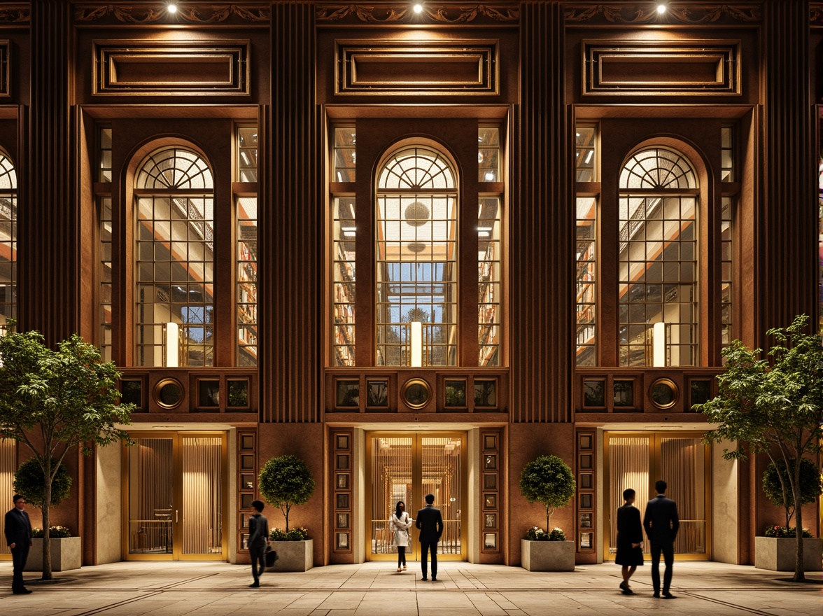 Prompt: Grand library facade, ornate Art Deco details, geometric patterns, metallic accents, grand entrance, symmetrical composition, vertical lines, ornamental motifs, luxurious materials, marble columns, bronze doors, stained glass windows, intricate moldings, warm golden lighting, shallow depth of field, 1/1 composition, realistic textures, ambient occlusion.