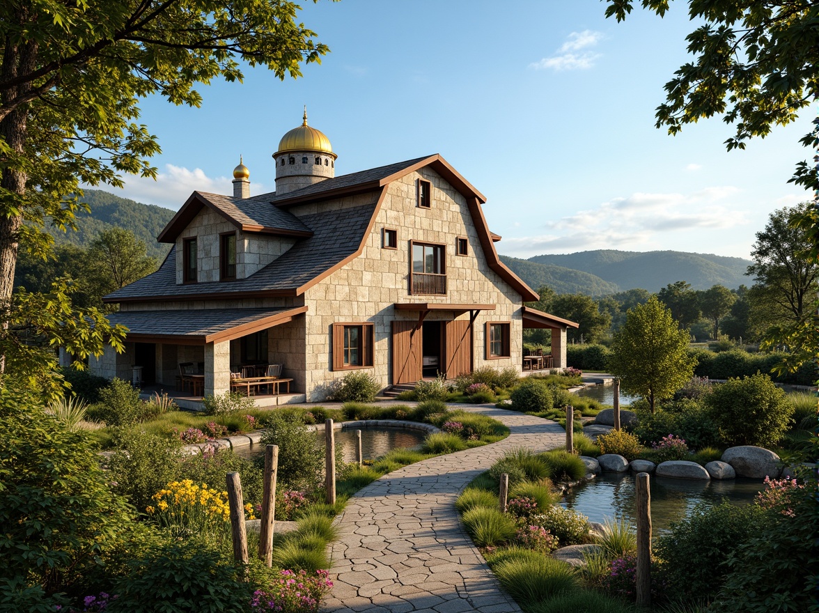 Prompt: Rustic barn, Byzantine architectural style, ornate stone carvings, golden domes, lush greenery, vibrant flowers, meandering pathways, natural stone walkways, rustic wooden fences, vintage metal gates, lantern-style lighting, warm soft glow, shallow depth of field, 3/4 composition, panoramic view, realistic textures, ambient occlusion, rolling hills, serene countryside, sunny day, clear blue sky.