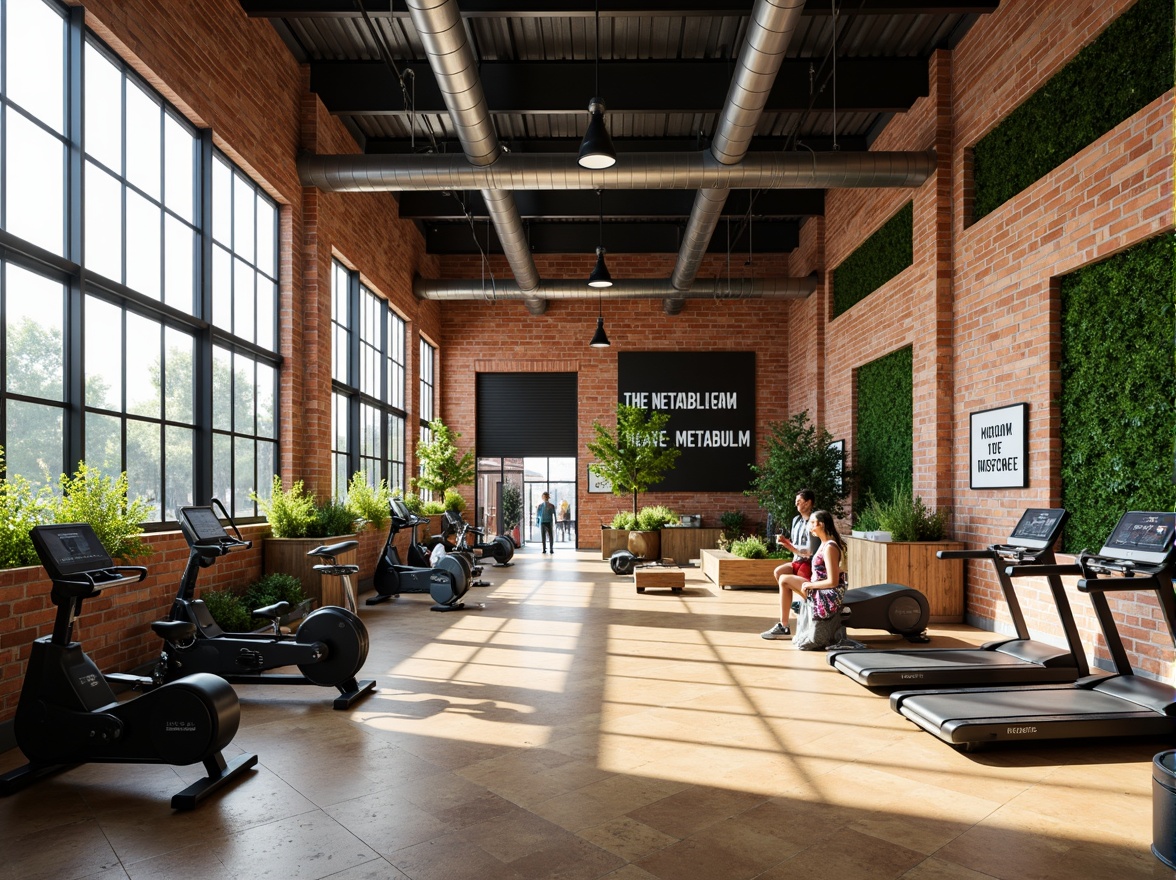 Prompt: Vibrant gym interior, metabolism-inspired design, natural light pouring in, large windows, industrial metal beams, reclaimed wood accents, exposed brick walls, modern fitness equipment, free weights, treadmills, exercise bikes, motivational quotes, greenery walls, living plants, earthy tones, warm color scheme, high ceilings, open spaces, minimal decor, functional layout, softbox lighting, shallow depth of field, 1/1 composition, realistic textures, ambient occlusion.