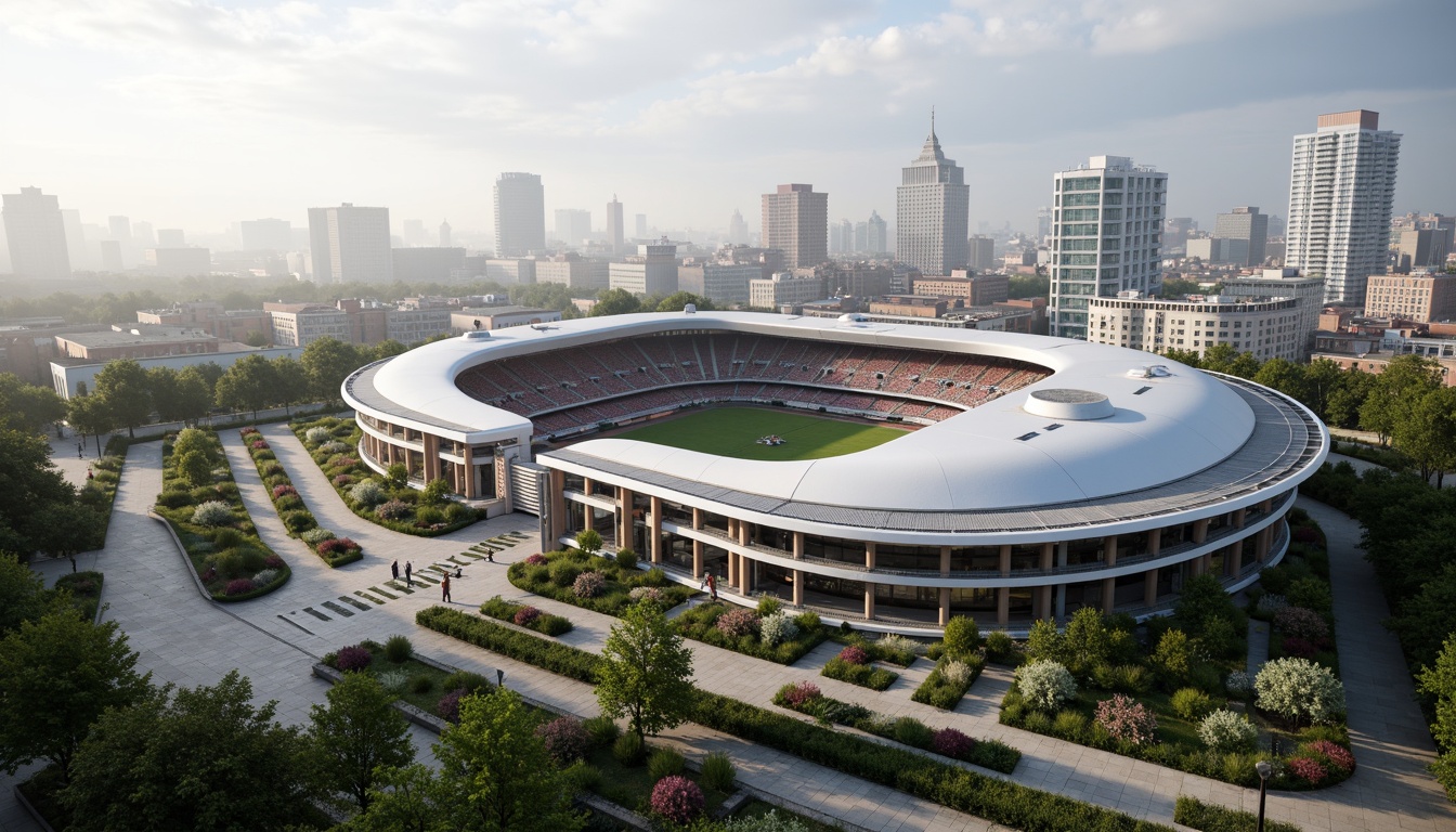 Prompt: Futuristic stadium architecture, sleek curved lines, aerodynamic shapes, metallic silver fa\u00e7ade, transparent glass roofs, cantilevered upper decks, lush greenery surroundings, natural stone walkways, vibrant flower arrangements, misty morning atmosphere, soft warm lighting, shallow depth of field, 3/4 composition, panoramic view, realistic textures, ambient occlusion, urban cityscape background, bustling streets, modern skyscrapers, dynamic movement blur effect.