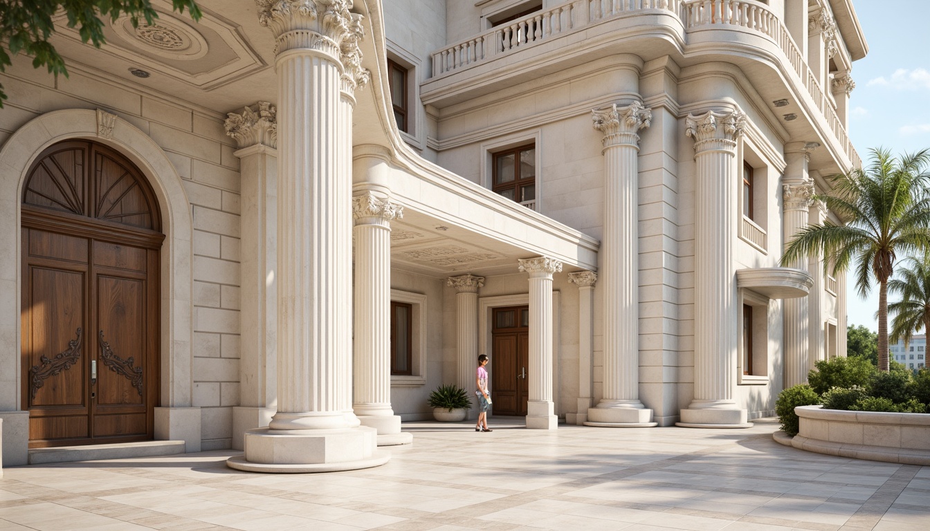 Prompt: Elegant classical buildings, ornate columns, carved stone facades, grand entranceways, symmetrical compositions, neutral color palette, creamy whites, soft grays, warm beiges, rich wood tones, polished marble floors, intricate moldings, decorative cornices, ornamental balustrades, subtle texture variations, natural light illumination, soft shadows, 1/1 composition, realistic renderings, ambient occlusion.