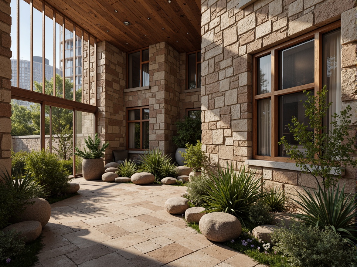 Prompt: Rough stone walls, rustic brick facades, wooden accents, natural wood grain, earthy tones, organic forms, irregular shapes, tactile experiences, 3D modeling, realistic renderings, ambient occlusion, soft warm lighting, shallow depth of field, 2/3 composition, modern architecture, sustainable design, eco-friendly materials, green roofs, living walls, urban landscapes, city skylines, industrial heritage, converted warehouses.