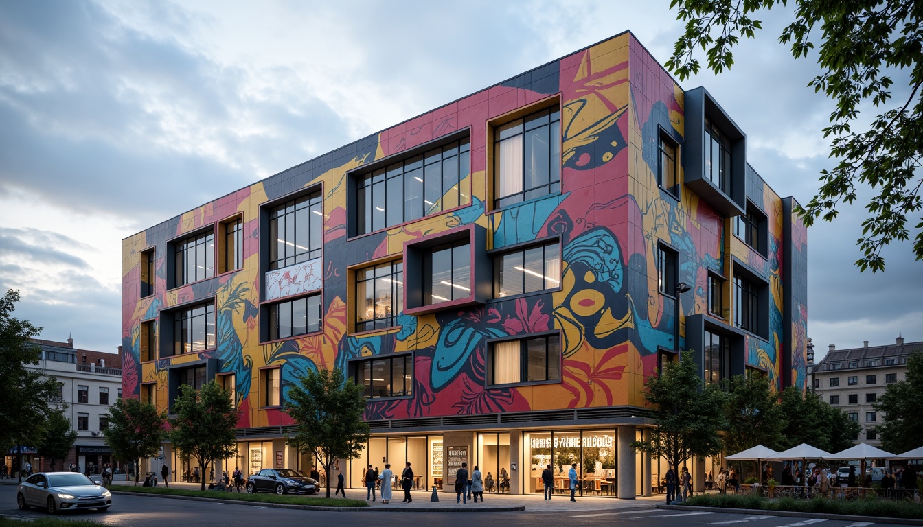 Prompt: Vibrant school building, expressive facade, irregular shapes, bold color blocking, dynamic patterns, abstract murals, playful typography, oversized windows, curved lines, futuristic materials, metallic accents, LED lighting installations, urban cityscape, cloudy sky, dramatic shadows, high contrast, 1/1 composition, wide-angle lens, cinematic atmosphere, stylized textures, exaggerated forms.