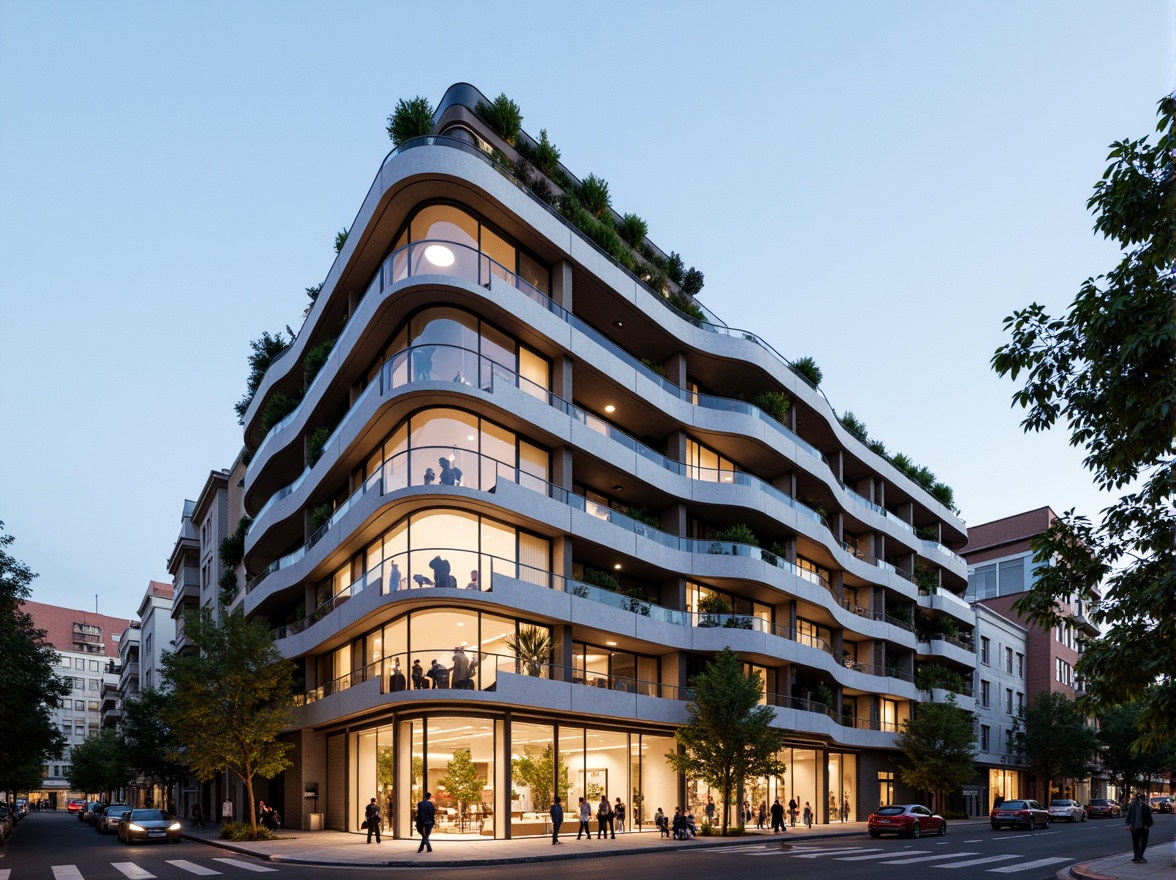 Prompt: Vibrant apartment complex, fusion architecture style, curved balconies, sleek metal railings, glass balustrades, modern minimalist facade, neutral color palette, contrasting textures, natural stone cladding, wooden accents, green roofs, vertical gardens, urban cityscape, busy street life, warm evening lighting, shallow depth of field, 1/1 composition, realistic reflections, ambient occlusion.