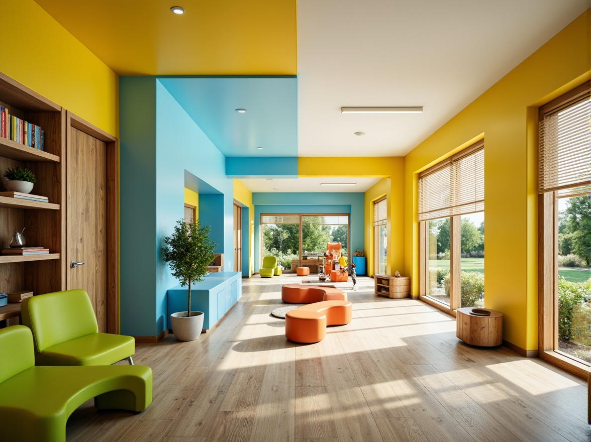 Prompt: Vibrant kindergarten, modernist architecture, bold color blocking, bright yellow walls, sky blue accents, lime green furniture, orange playground equipment, geometric shapes, minimalist decor, natural wood textures, large windows, sliding glass doors, abundant natural light, soft warm lighting, shallow depth of field, 3/4 composition, panoramic view, realistic textures, ambient occlusion.