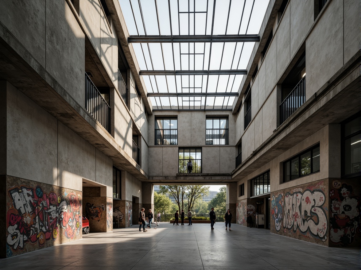 Prompt: Rugged community center, brutalist architecture, raw concrete walls, exposed ductwork, industrial metal beams, natural light pouring in, large skylights, clerestory windows, urban landscape views, gritty cityscape, overcast sky, soft diffused lighting, high contrast shadows, dramatic architectural forms, bold geometric shapes, functional minimalism, communal gathering spaces, reclaimed wood accents, weathered steel features, abstract graffiti art, moody atmospheric tones, cinematic composition, realistic textures, ambient occlusion.