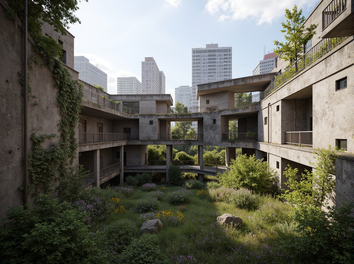 Prompt: Rugged brutalist buildings, raw concrete textures, fortress-like structures, overgrown vegetation, wildflowers, moss-covered walls, weathered steel beams, industrial materials, urban landscape integration, cityscape views, elevated walkways, cantilevered sections, dramatic shadows, harsh natural light, 1/1 composition, symmetrical framing, high-contrast colors, gritty realistic textures, ambient occlusion.