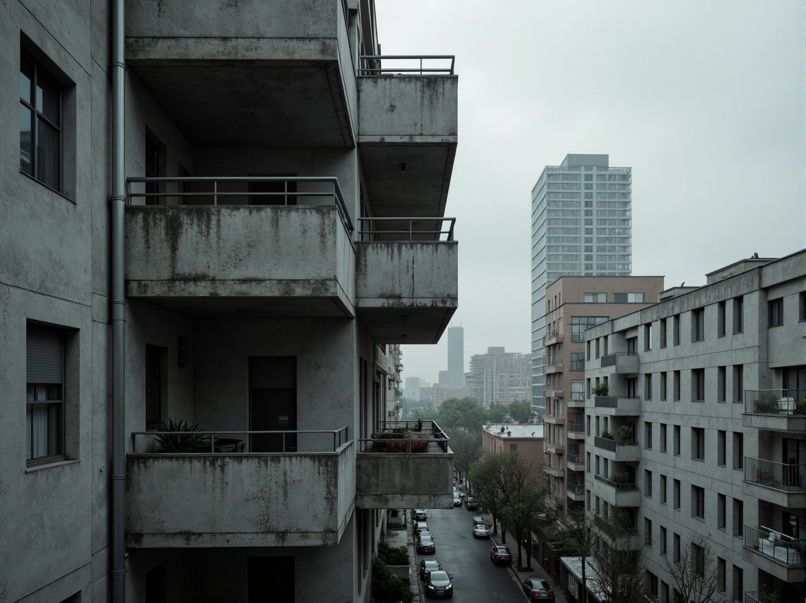 Prompt: Exposed concrete walls, rugged textures, industrial pipes, raw steel beams, minimalist balconies, brutalist architecture, urban cityscape, gloomy overcast sky, dramatic shadows, high-contrast lighting, bold geometric forms, functional simplicity, distressed finishes, poured-in-place concrete, cold monochromatic color palette, 1/1 composition, low-angle shot, cinematic atmosphere, gritty realistic textures.