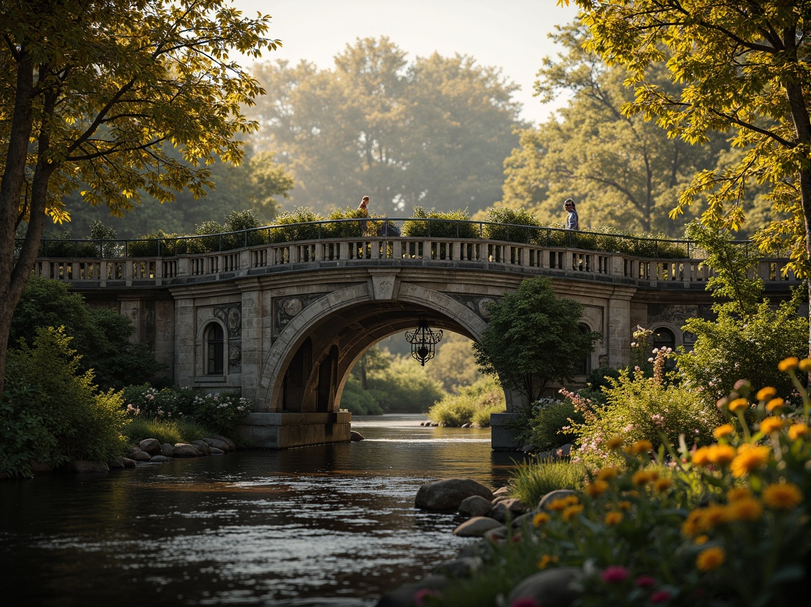 Prompt: Ornate Baroque bridge, rich jewel-toned color palette, warm golden lighting, intricate stone carvings, ornamental metalwork, majestic arches, rustic stonework, moss-covered walls, serene river waters, lush greenery, vibrant flowers, soft misty atmosphere, shallow depth of field, 1/1 composition, realistic textures, ambient occlusion.