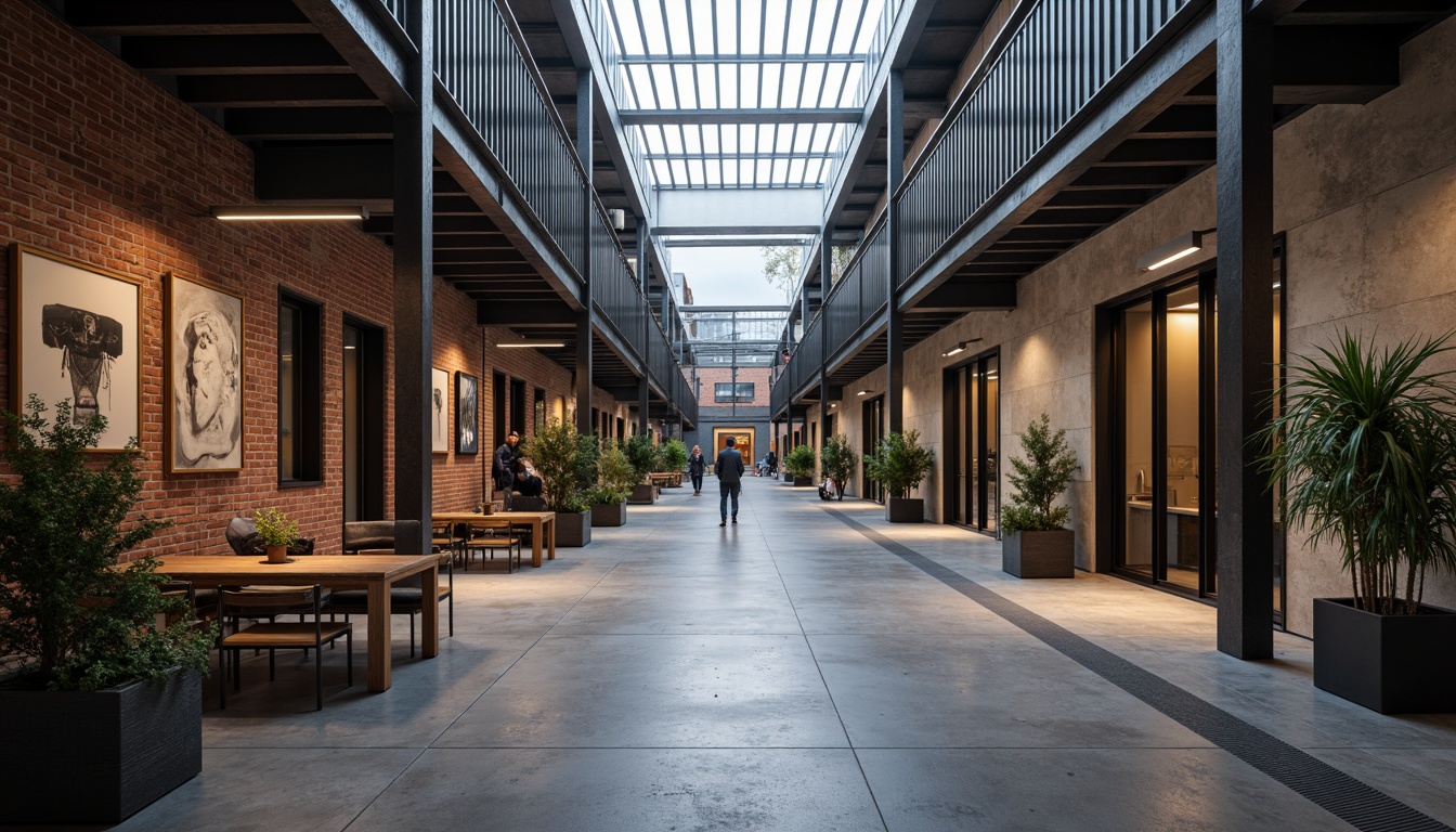 Prompt: Industrial chic buildings, exposed brick walls, steel beams, polished concrete floors, minimalist decor, functional simplicity, rectangular forms, clean lines, monochromatic color schemes, industrial lighting fixtures, reclaimed wood accents, metallic surfaces, geometric patterns, brutalist elements, urban landscapes, overcast skies, dramatic shadows, high-contrast lighting, 1/1 composition, symmetrical framing, realistic textures, ambient occlusion.