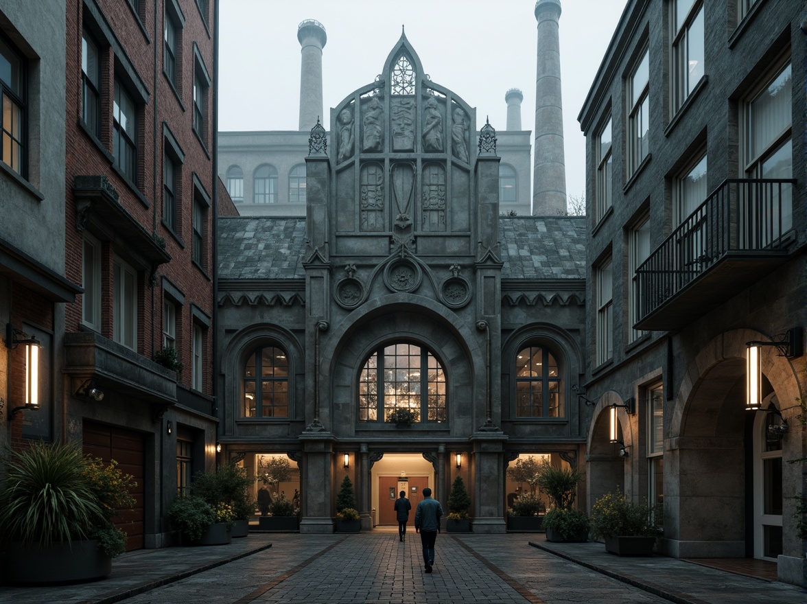 Prompt: Rustic industrial factory, Gothic-inspired facade, intricate stone carvings, pointed arches, ribbed vaults, flying buttresses, grandiose entrance, ornate metalwork, stained glass windows, dramatic lighting, mysterious atmosphere, foggy day, shallow depth of field, 1/1 composition, symmetrical view, realistic textures, ambient occlusion.