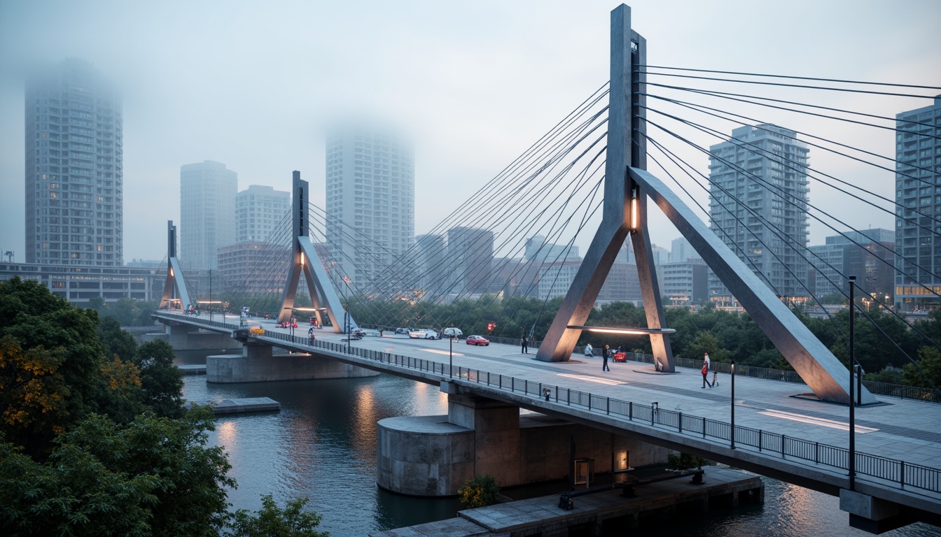 Prompt: Futuristic bridge, sleek metal arches, suspension cables, modern fusion architecture, dynamic curves, angular lines, vibrant LED lighting, urban cityscape, misty morning atmosphere, shallow depth of field, 1/2 composition, realistic reflections, ambient occlusion, intricate structural details, steel beams, reinforced concrete pillars, cantilevered sections, pedestrian walkways, vehicle traffic lanes, water flow simulations, rippling water effects, surrounding skyscrapers, bustling city life.