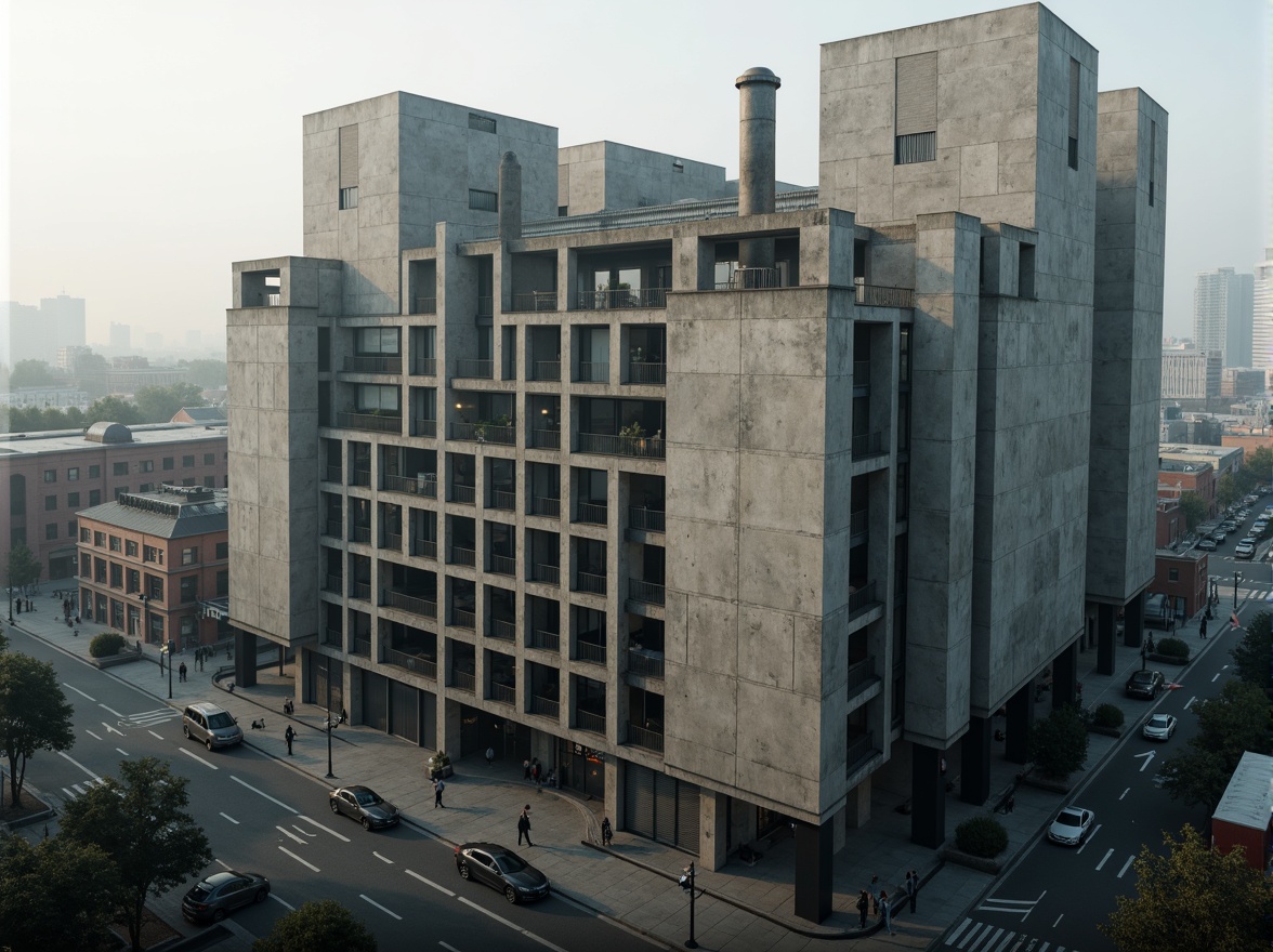 Prompt: Massive distribution center, brutalist architecture, rugged concrete walls, fortress-like structures, angular forms, geometric patterns, industrial materials, exposed ductwork, metallic beams, raw textures, urban landscape, busy streets, cityscape backdrop, dramatic lighting, high contrast shadows, cinematic composition, 1/2 framing, atmospheric fog, realistic rendering.