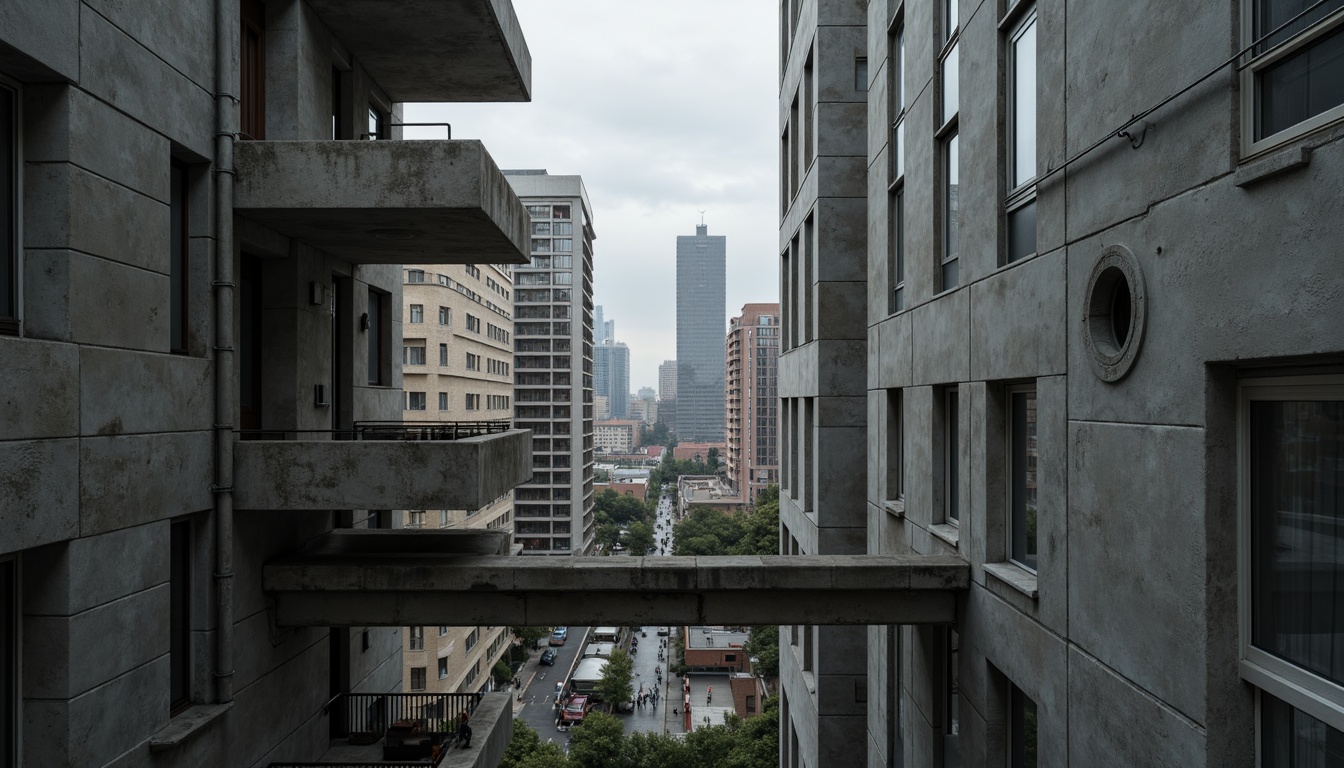 Prompt: Exposed concrete walls, rugged textures, industrial pipes, raw steel beams, minimalist balconies, brutalist architecture, urban cityscape, gloomy overcast sky, dramatic shadows, high-contrast lighting, bold geometric forms, functional simplicity, distressed finishes, poured-in-place concrete, cold monochromatic color palette, 1/1 composition, low-angle shot, cinematic atmosphere, gritty realistic textures.