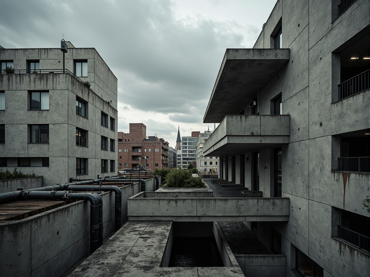 Prompt: Exposed concrete walls, rugged textures, industrial pipes, raw steel beams, minimalist balconies, brutalist architecture, urban cityscape, gloomy overcast sky, dramatic shadows, high-contrast lighting, bold geometric forms, functional simplicity, distressed finishes, poured-in-place concrete, cold monochromatic color palette, 1/1 composition, low-angle shot, cinematic atmosphere, gritty realistic textures.