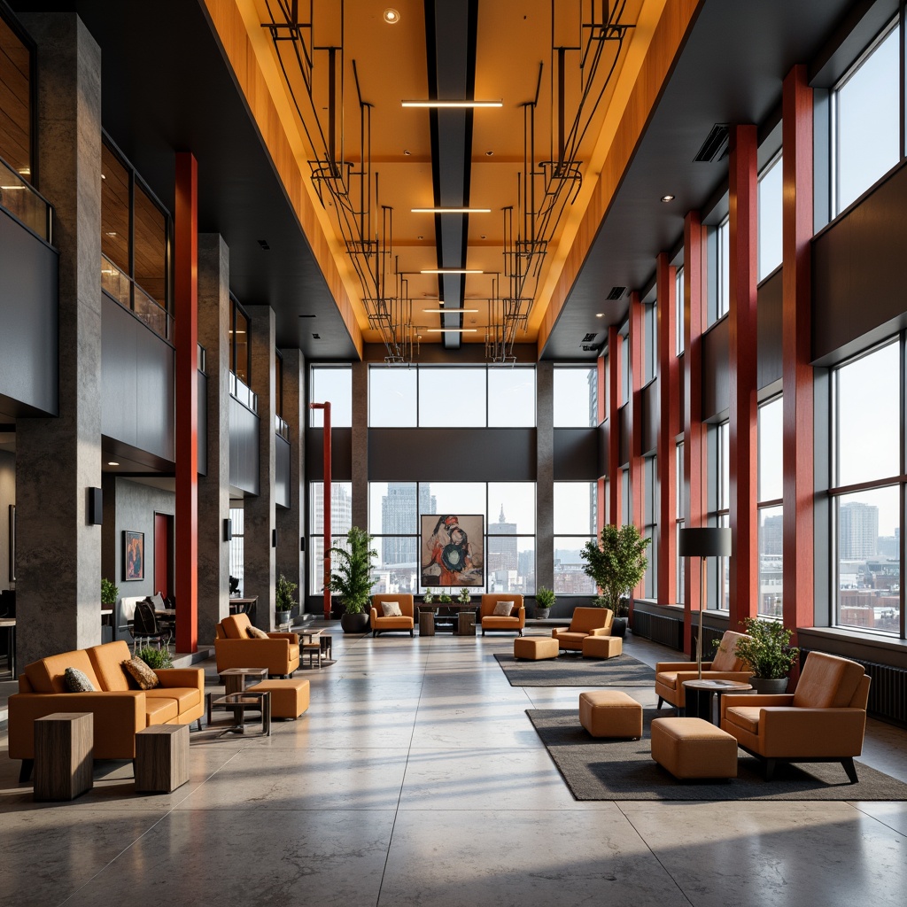 Prompt: Geometric hotel lobby, bold color blocking, industrial metal accents, minimalist furniture, sleek lines, functional decor, open floor plan, natural light pouring, urban cityscape views, abstract artwork, brutalist concrete walls, polished marble floors, warm ambient lighting, shallow depth of field, 1/1 composition, symmetrical framing, high-contrast textures, atmospheric misting.