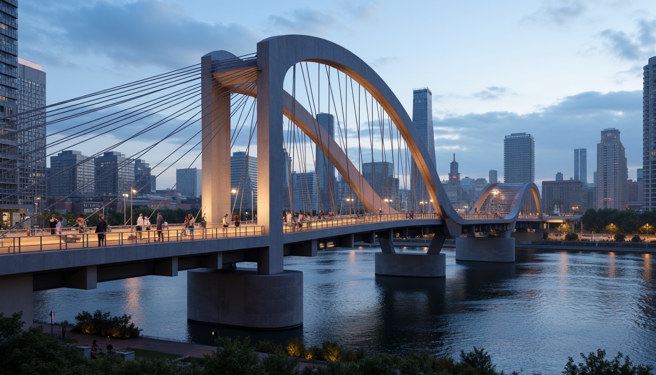 Prompt: Futuristic bridge, sleek metal arches, suspension cables, modern fusion architecture, dynamic curves, angular lines, vibrant LED lighting, urban cityscape, misty morning atmosphere, shallow depth of field, 1/2 composition, realistic reflections, ambient occlusion, intricate structural details, steel beams, reinforced concrete pillars, cantilevered sections, pedestrian walkways, vehicle traffic lanes, water flow simulations, rippling water effects, surrounding skyscrapers, bustling city life.