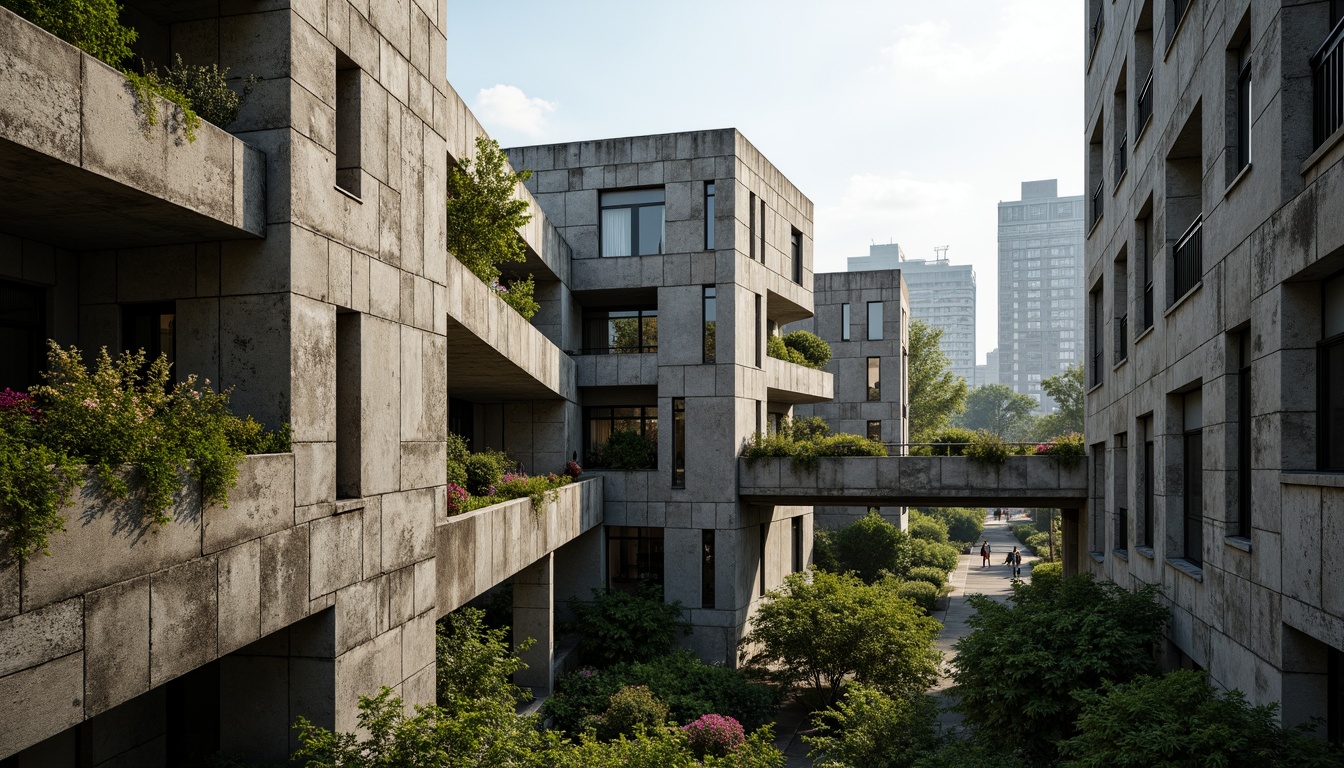 Prompt: Rugged brutalist buildings, raw concrete textures, fortress-like structures, overgrown vegetation, wildflowers, moss-covered walls, weathered steel beams, industrial materials, urban landscape integration, cityscape views, elevated walkways, cantilevered sections, dramatic shadows, harsh natural light, 1/1 composition, symmetrical framing, high-contrast lighting, gritty realistic textures, ambient occlusion.