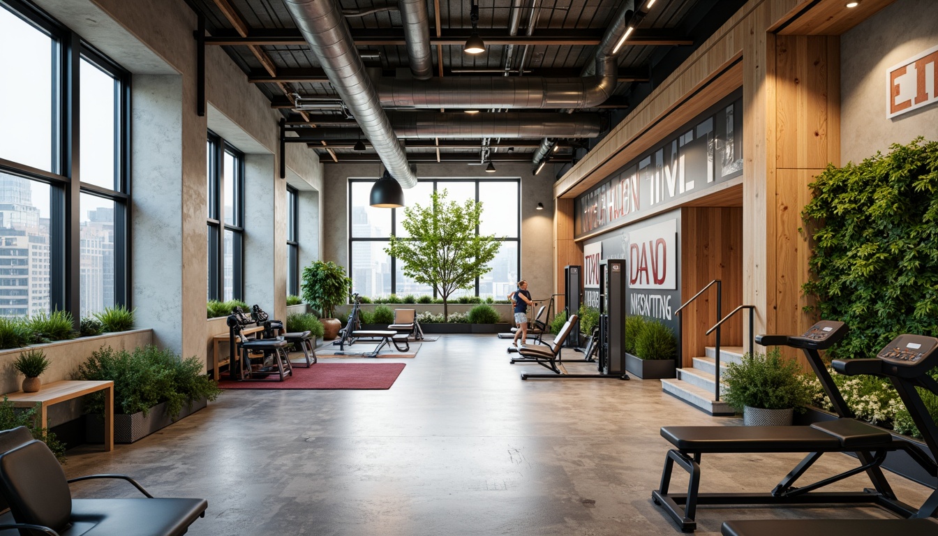 Prompt: Vibrant gym interior, natural light pouring in, high ceilings, exposed ductwork, polished concrete floors, modern metabolism-inspired architecture, sleek metal beams, minimalist design, industrial chic aesthetic, motivational quotes, state-of-the-art exercise equipment, free weights, cardio machines, mirrored walls, wooden accents, greenery, living walls, urban loft atmosphere, soft warm lighting, shallow depth of field, 3/4 composition, realistic textures, ambient occlusion.