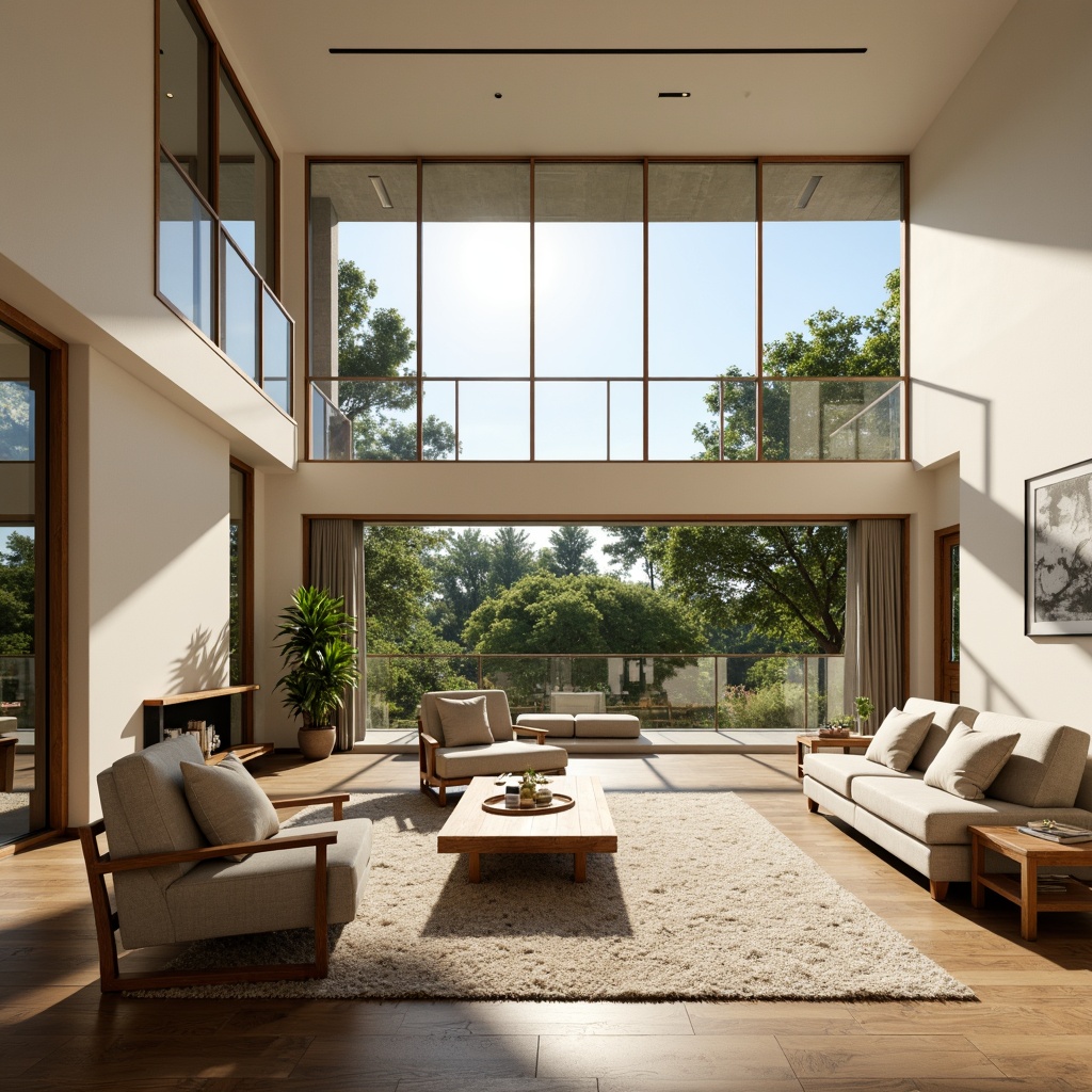 Prompt: Spacious modern living room, floor-to-ceiling windows, sliding glass doors, minimal window frames, transparent glass railings, natural wood accents, creamy white walls, plush area rugs, comfortable sofas, greenery views, sunny afternoon, soft warm lighting, shallow depth of field, 1/1 composition, realistic textures, ambient occlusion.