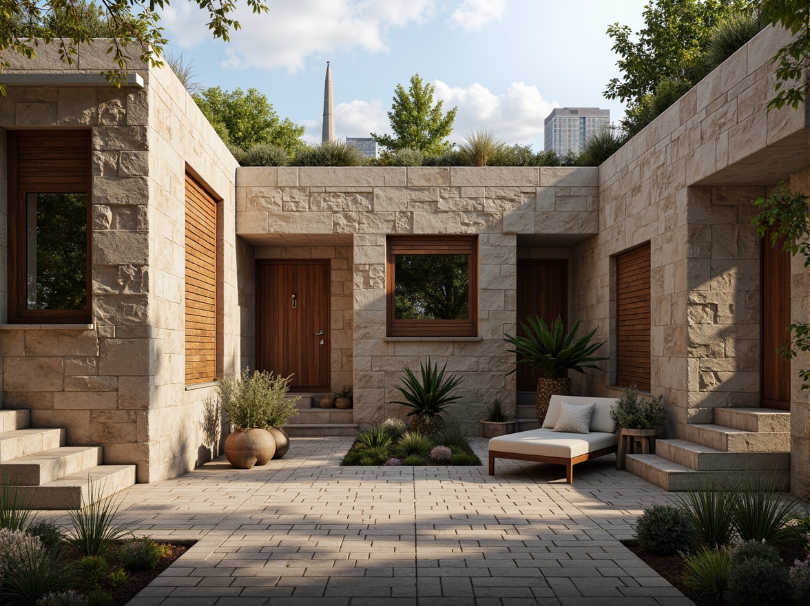 Prompt: Rough stone walls, rustic brick facades, wooden accents, natural wood grain, earthy tones, organic forms, irregular shapes, tactile experiences, 3D modeling, realistic renderings, ambient occlusion, soft warm lighting, shallow depth of field, 2/3 composition, modern architecture, sustainable design, eco-friendly materials, green roofs, living walls, urban landscapes, city skylines, industrial heritage, converted warehouses.