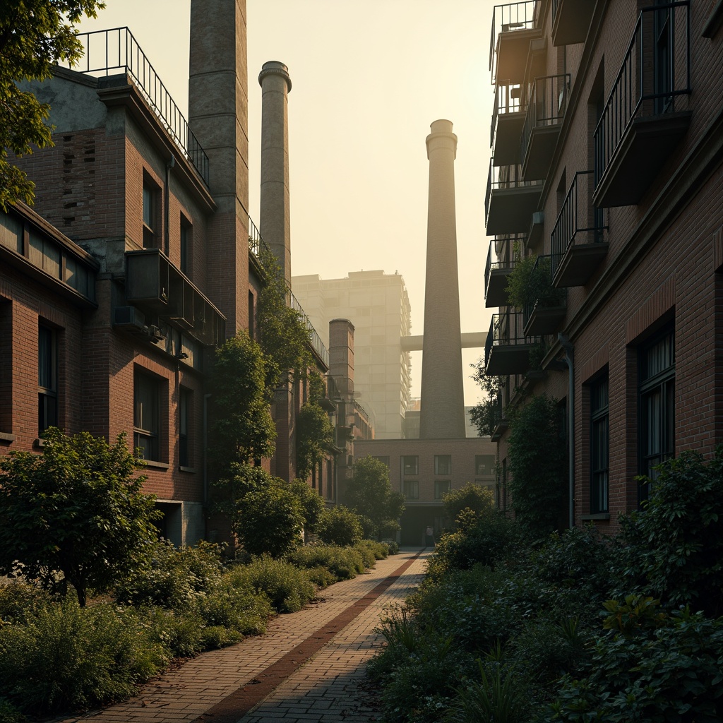 Prompt: Industrial factory buildings, Gothic architectural details, overgrown vegetation, crumbling brick walls, rusty metal beams, ivy-covered chimneys, abandoned machinery, foggy atmosphere, warm golden lighting, shallow depth of field, 1/2 composition, symmetrical framing, realistic textures, ambient occlusion.