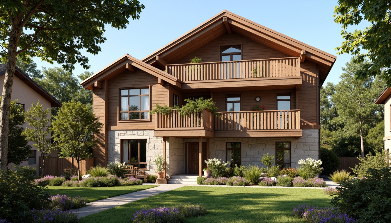 Prompt: Earth-toned facade, rustic stone walls, wooden accents, ornate carvings, traditional regional patterns, pitched roofs, dormer windows, cozy balconies, lush greenery, blooming flowers, warm sunny day, soft natural lighting, shallow depth of field, 3/4 composition, panoramic view, realistic textures, ambient occlusion.