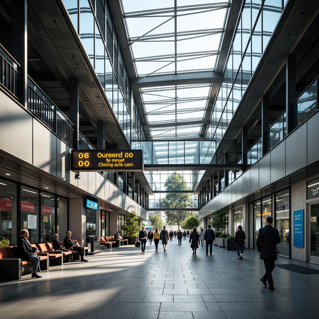 Prompt: Modern bus station interior, sleek metal framework, glass roofs, natural light pouring in, efficient passenger flow, clear signage, digital displays, comfortable seating areas, ample legroom, charging stations, minimalist decor, industrial-style flooring, urban atmosphere, busy morning commute, soft overhead lighting, shallow depth of field, 1/1 composition, realistic textures, ambient occlusion.