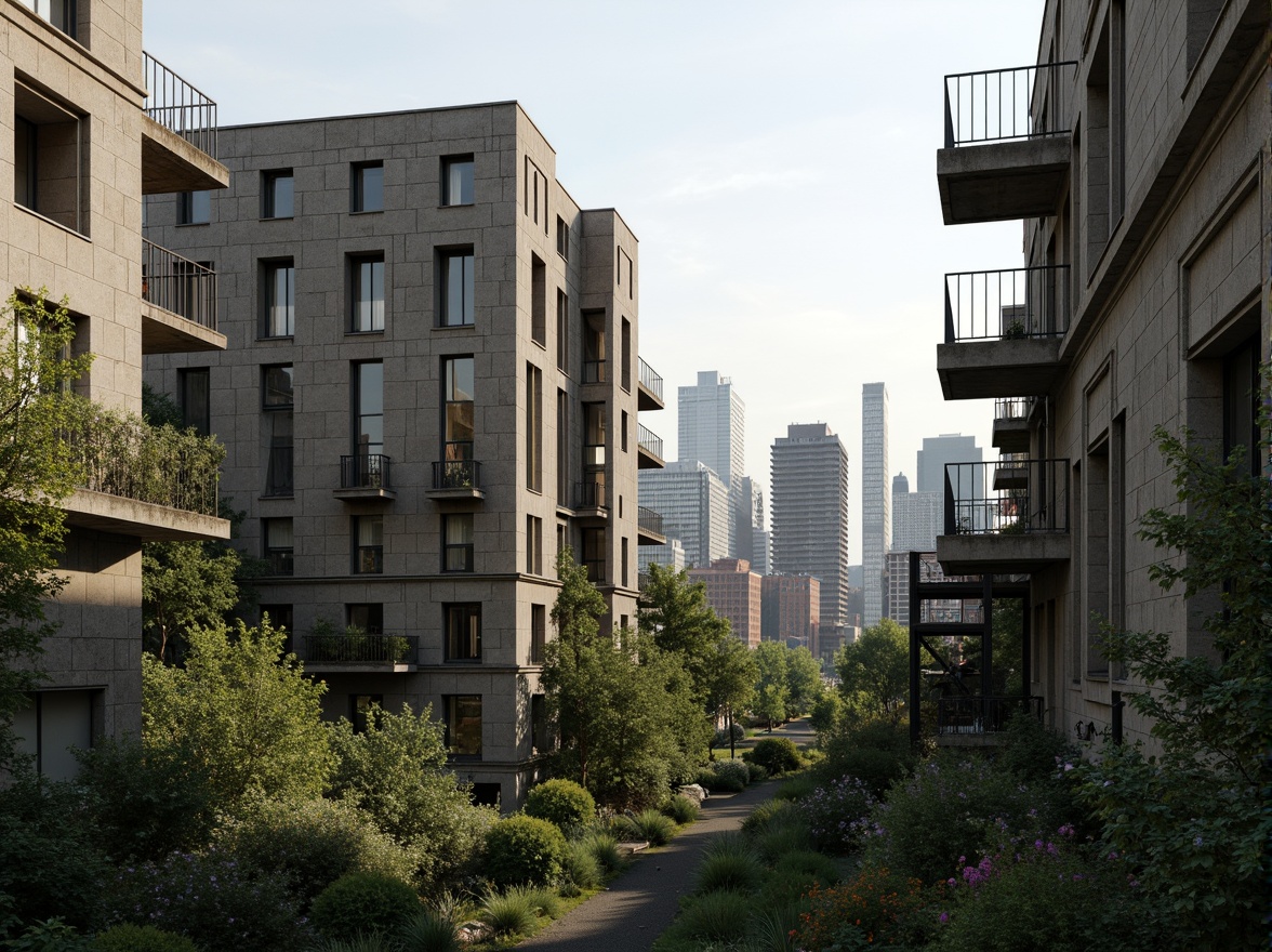 Prompt: Rugged brutalist buildings, raw concrete textures, fortress-like structures, overgrown vegetation, wildflowers, moss-covered walls, weathered steel beams, industrial materials, urban landscape integration, cityscape views, elevated walkways, cantilevered sections, dramatic shadows, harsh natural light, 1/1 composition, symmetrical framing, high-contrast colors, gritty realistic textures, ambient occlusion.