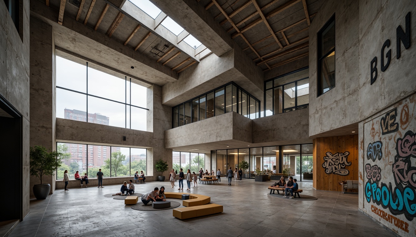 Prompt: Rugged community center, brutalist architecture, raw concrete walls, exposed ductwork, industrial metal beams, natural light pouring in, large skylights, clerestory windows, urban landscape views, gritty cityscape, overcast sky, soft diffused lighting, high contrast shadows, dramatic architectural forms, bold geometric shapes, functional minimalism, communal gathering spaces, reclaimed wood accents, weathered steel features, abstract graffiti art, moody atmospheric tones, cinematic composition, realistic textures, ambient occlusion.