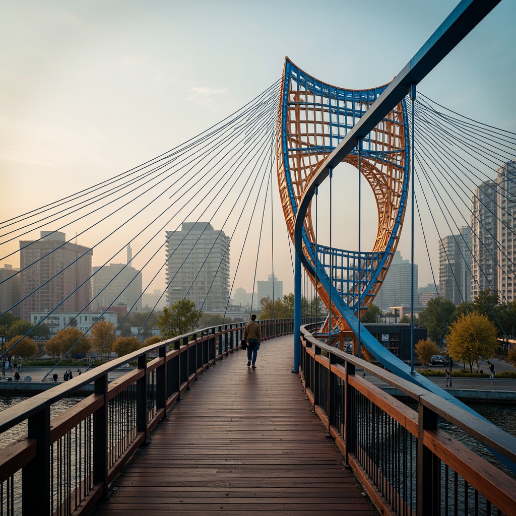 Prompt: Vibrant fusion architecture, curved bridge structures, steel beams, suspension cables, modern urban landscape, city skyline, misty morning atmosphere, soft warm lighting, shallow depth of field, 3/4 composition, panoramic view, realistic textures, ambient occlusion, bold color palette, bright blue accents, deep orange hues, metallic silver tones, rich brown wood textures, sleek glass railings, intricate metal latticework.