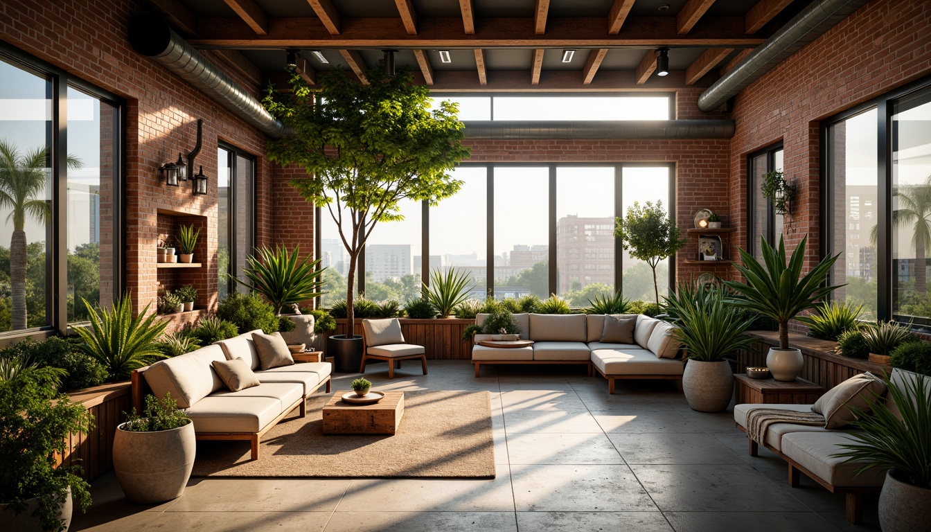 Prompt: Exposed brick walls, reclaimed wood accents, industrial metal beams, vintage decorative items, lush greenery, potted plants, natural textiles, earthy color palette, soft warm lighting, cozy atmosphere, eco-friendly materials, solar panels, rainwater harvesting systems, living roofs, green walls, minimalist decor, open-plan layout, high ceilings, large windows, cityscape views, urban landscape, morning sunlight, shallow depth of field, 3/4 composition, realistic textures, ambient occlusion.