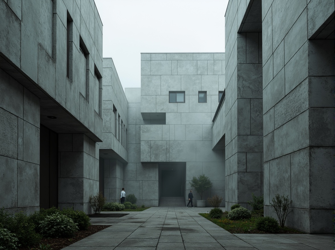 Prompt: Monumental brutalist architecture, rugged concrete textures, imposing fortress-like structures, solemn memorial spaces, abstract geometric forms, raw industrial materials, dramatic natural light, atmospheric misting effects, somber color palette, weathered stone walls, bold angular lines, minimalist landscaping, isolated urban context, overcast skies, high-contrast lighting, cinematic composition, realistic ambient occlusion.