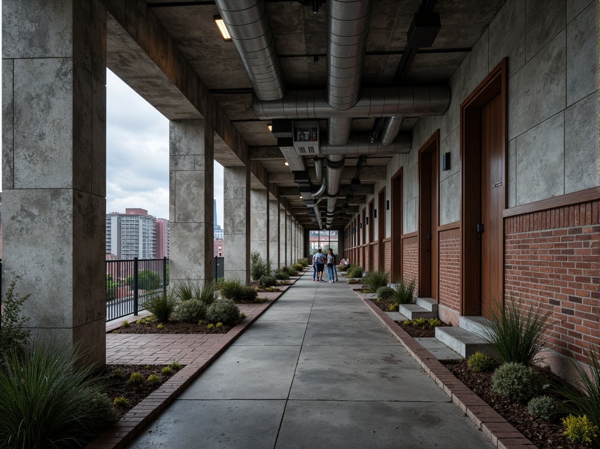 Prompt: Rough concrete walls, exposed ductwork, industrial metal beams, raw brick facades, weathered stone surfaces, distressed wood accents, brutalist monumentality, fortress-like structures, urban cityscape, overcast skies, dramatic shadows, high-contrast lighting, cinematic composition, gritty realistic textures, ambient occlusion.