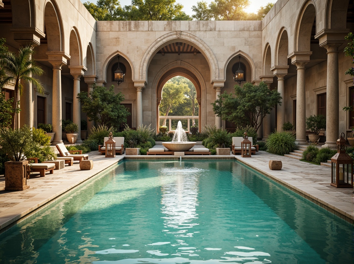 Prompt: Romanesque swimming pool, natural stone walls, ornate carvings, grand archways, turquoise water, gentle ripples, central fountain, splashing water features, lush greenery, surrounding columns, rustic lanterns, warm sunny day, soft golden lighting, shallow depth of field, 1/1 composition, symmetrical view, realistic textures, ambient occlusion.