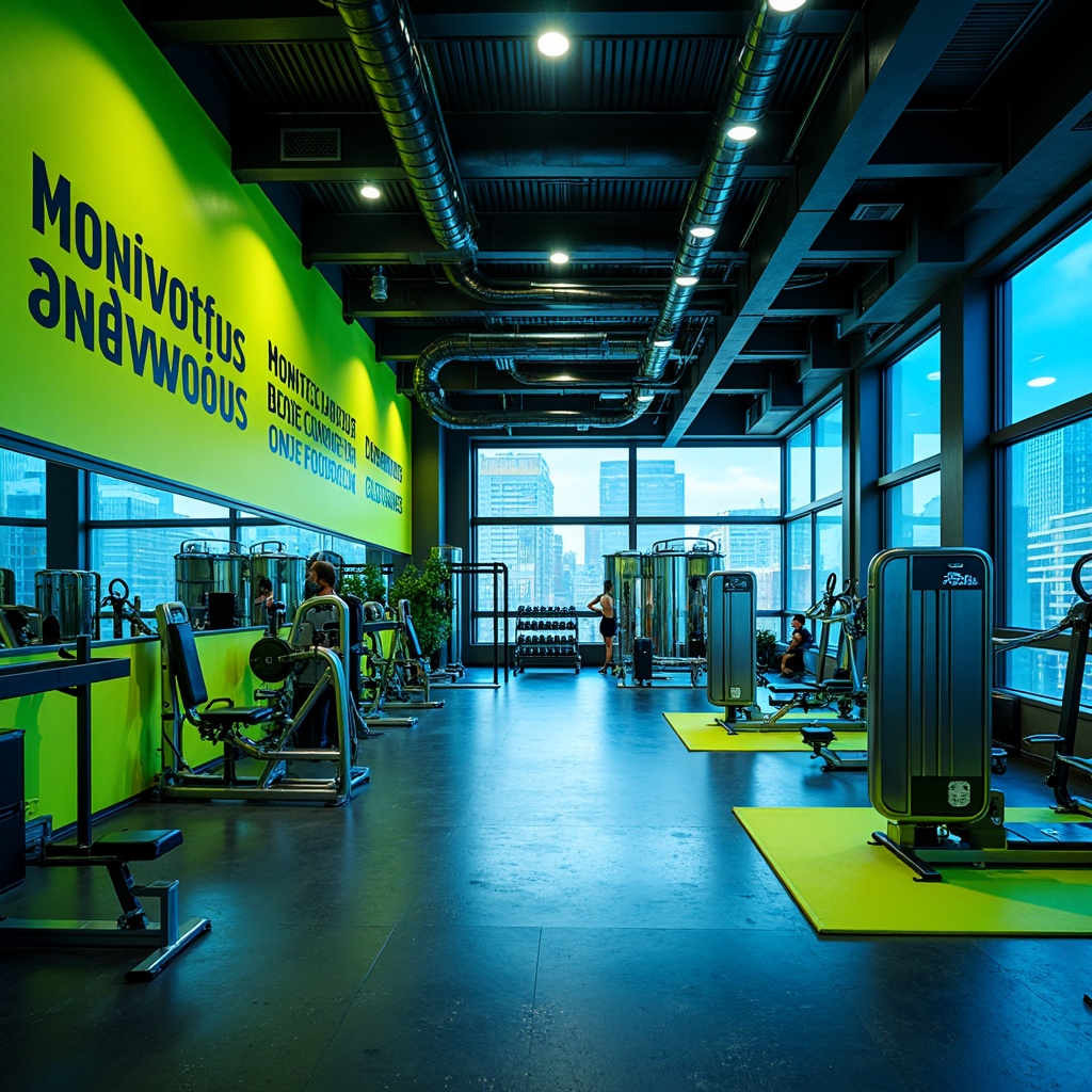 Prompt: Vibrant gym interior, bold color scheme, energetic atmosphere, neon green accents, deep blue tones, metallic silver equipment, industrial concrete floors, exposed ductwork ceilings, modern LED lighting, dynamic shadows, high-contrast textures, abstract geometric patterns, motivational quotes, futuristic architecture, sleek lines, minimalist design, state-of-the-art fitness machines, free weights area, mirrored walls, rubber flooring, athletic tracks, panoramic windows, natural daylight, soft warm glow, shallow depth of field, 3/4 composition.